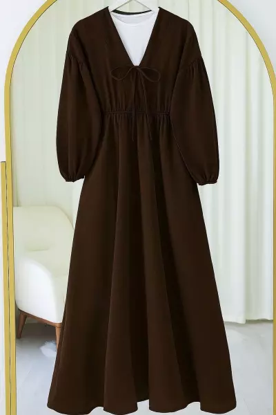 İpli Balon Kol Elbise Kahverengi