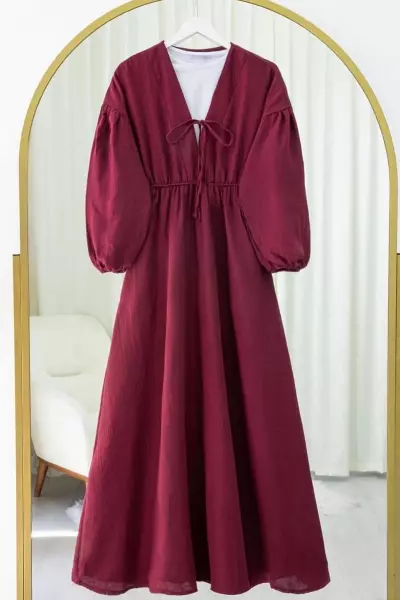 İpli Balon Kol Elbise Krem