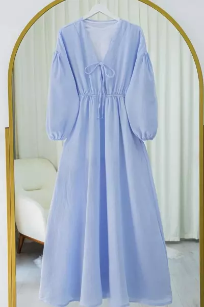 İpli Balon Kol Elbise Mavi