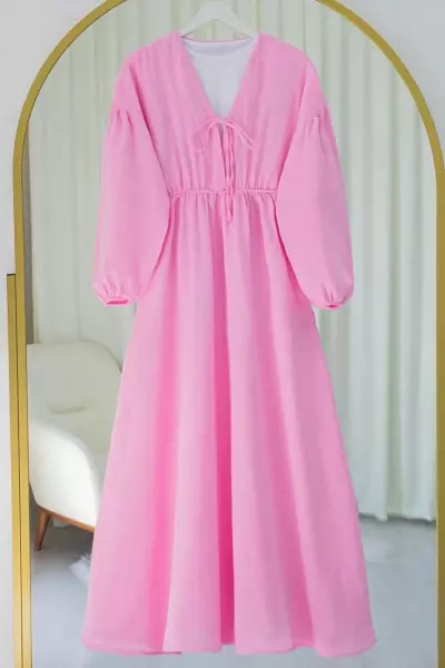 İpli Balon Kol Elbise Pembe