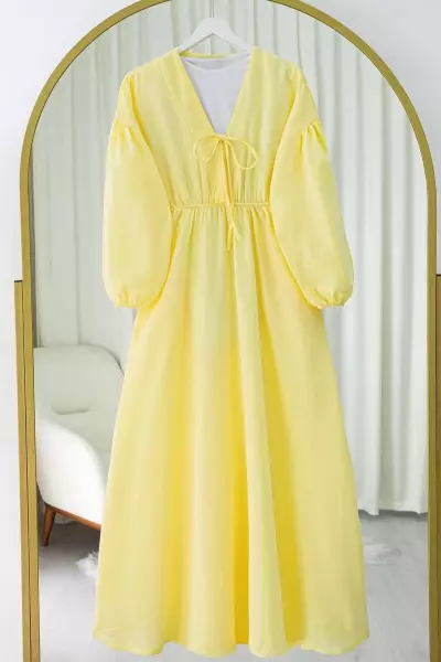 İpli Balon Kol Elbise Sarı