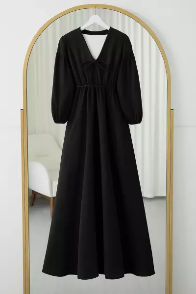 İpli Balon Kol Elbise Siyah