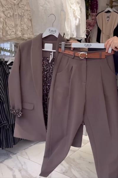 Kahverengi 3 lü Yağ Yeşili Leopar Blazer [Ceket Pantalon Kemer]