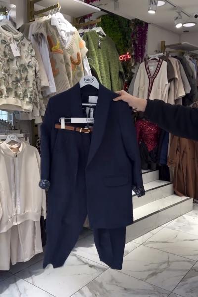 Lacivert 3 Lü Leopar Astarlı Ceket [Ceket Pantalon Kemer]