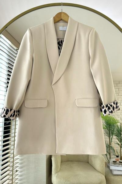 Leopar Astarlı Ceket Bej