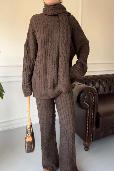 Milan Şallı Triko Takım Kahverengi