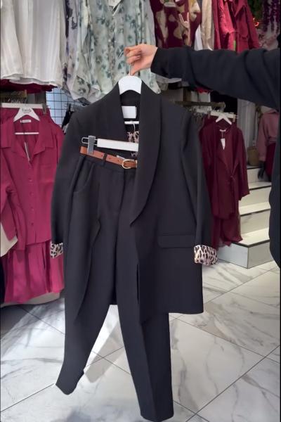 Siyah Leopar Astarlı 3 Lü Takım ( Ceket Pantalon Kemer)